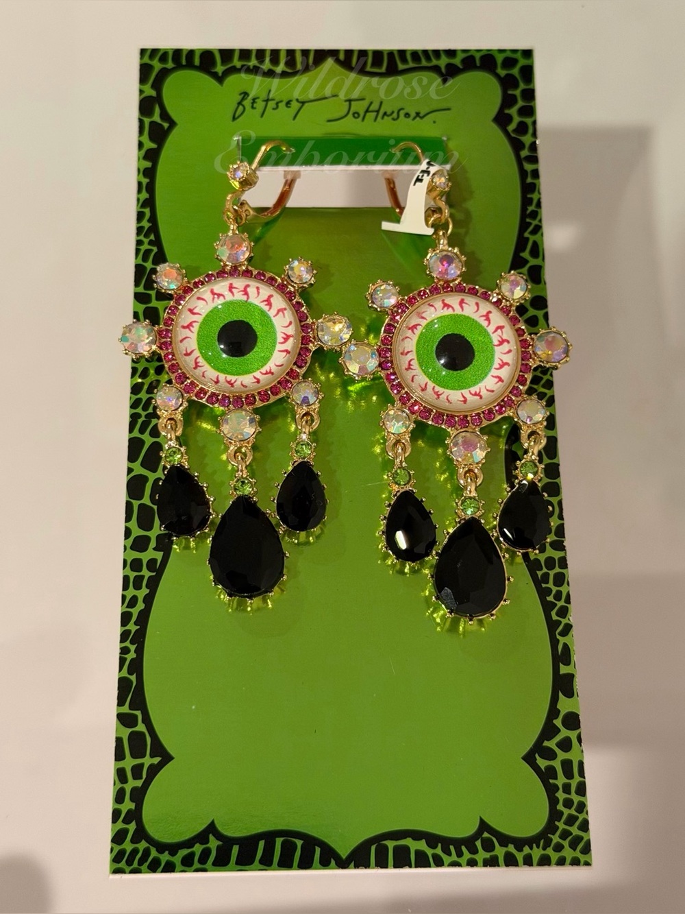 BETSEY JOHNSON DANGLE DROP EVIL EYE EARRINGS BLACK CRYSTAL TEARS HALLOWEEN NWT - Picture 6 of 10